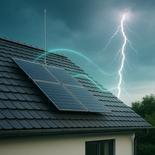 Dach domu z ciemnymi dachówkami i czteropanelową instalacją fotowoltaiczną oraz metalowym odgromnikiem, nad którym na tle burzowego nieba widać jasną błyskawicę i świetliste turkusowe łuki.