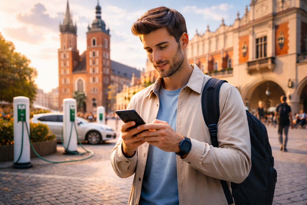 Mężczyzna stoi na brukowanym placu z plecakiem i zegarkiem, trzymając smartfon; w tle rozmyty zabytkowy budynek z wieżami i arkadami, samochód podłączony do stacji ładowania oraz przechodnie.