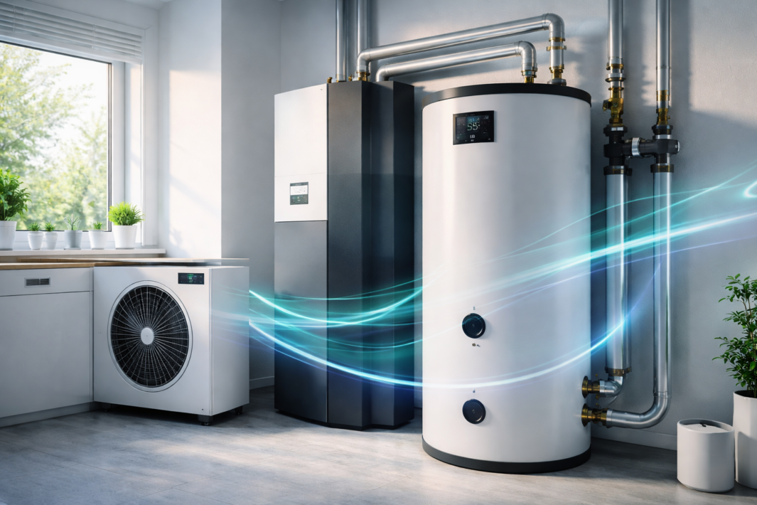 Pomieszczenie techniczne z dużym białym cylindrycznym zbiornikiem z cyfrowym panelem i przyłączonymi metalowymi rurami po prawej, obok wysoki czarny moduł, po lewej biała jednostka z dużym okrągłym wentylatorem pod blatem i parapet z kilkoma doniczkami przy oknie, przez które widać drzewa, oraz widoczne niebieskie świetliste smugi przebiegające między urządzeniami.