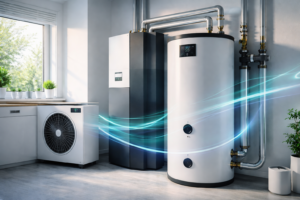 Pomieszczenie techniczne z dużym białym cylindrycznym zbiornikiem z cyfrowym panelem i przyłączonymi metalowymi rurami po prawej, obok wysoki czarny moduł, po lewej biała jednostka z dużym okrągłym wentylatorem pod blatem i parapet z kilkoma doniczkami przy oknie, przez które widać drzewa, oraz widoczne niebieskie świetliste smugi przebiegające między urządzeniami.