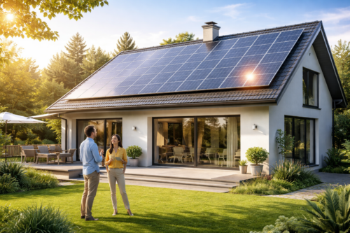 Nowoczesny biały dom jednorodzinny z dużymi przeszklonymi drzwiami i tarasem, na stromym dachu pokrytym panelami słonecznymi ze słonecznym refleksami i kominem, na pierwszym planie zielony trawnik, na którym stoją twarzą do siebie mężczyzna w jasnej koszuli i spodniach oraz kobieta w żółtej bluzce i jasnych spodniach, po lewej zestaw mebli ogrodowych pod parasolem, wokół doniczkowe rośliny i drzewa w tle.