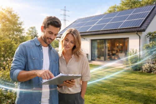 Mężczyzna w dżinsowej koszuli i kobieta w jasnej bluzce stoją na trawniku przed domem z panelami fotowoltaicznymi na dachu, mężczyzna wskazuje na dokumenty na clipboardzie trzymanym przez kobietę, wokół drzewa, słup linii energetycznej i przeszklone przesuwne drzwi domu, na zdjęciu widoczne także świetlne smugi będące efektem graficznym.