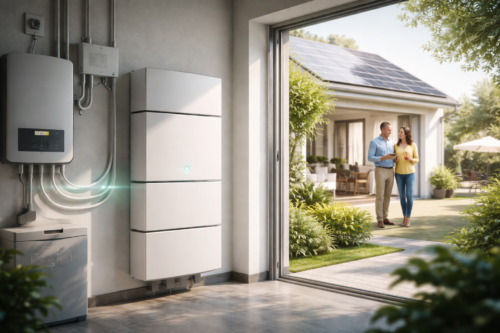 Zdjęcie przedstawia wnętrze pomieszczenia technicznego, po lewej na ścianie zamontowane białe moduły akumulatorowe z kontrolerem i widocznymi przewodami, a przez szeroko otwarte przesuwne drzwi po prawej widoczny jest ogród z trawnikiem, tarasem i meblami ogrodowymi oraz dom z panelami słonecznymi na dachu, przy którym stoi mężczyzna i kobieta; mężczyzna trzyma tablet, kobieta szklankę z napojem.