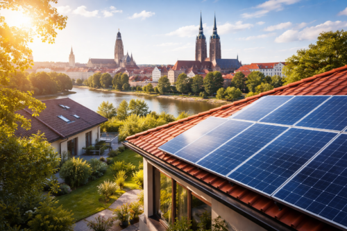 Panele słoneczne na czerwonym dachu na pierwszym planie, poniżej ogród i dom z tarasem nad rzeką, po drugiej stronie brzegu drzewa i historyczna zabudowa miasta z katedrą z dwiema wysokimi wieżami pod słonecznym niebem.