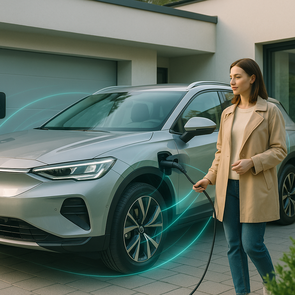 Kobieta w beżowym płaszczu stoi obok srebrnego elektrycznego SUV-a zaparkowanego na podjeździe przed nowoczesnym domem z garażem, trzymając kabel ładowania wpięty do gniazda przy przednim nadkolu, wokół auta widoczne turkusowe świetliste kręgi.