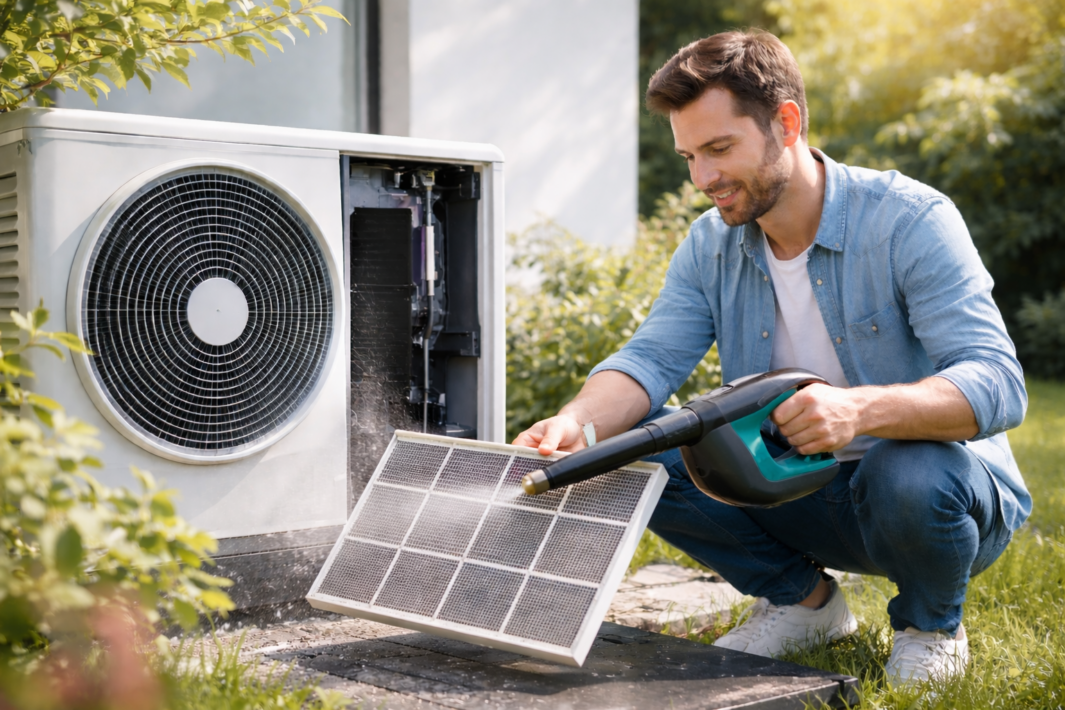 Mężczyzna w niebieskiej koszuli kuca obok otwartej zewnętrznej jednostki klimatyzacji z dużym okrągłym wentylatorem, trzyma wyjęty prostokątny filtr i kieruje na niego ręczne urządzenie z długą dyszą, w tle trawnik i krzewy w słonecznym świetle.