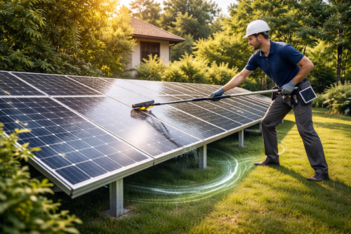 Osoba w białym kasku, granatowej koszulce i rękawicach czyści długą szczotką na wysięgniku rząd paneli słonecznych zamontowanych na metalowych stelażach nad trawnikiem, z widocznymi smugami wody i odbiciami światła, a w tle dom i bujna zieleń drzew.