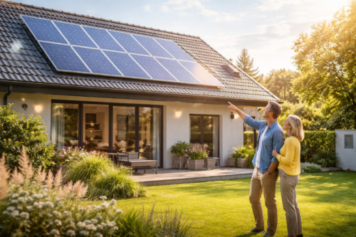 Para stojąca na zielonym trawniku przed nowoczesnym domem z tarasem i dużymi przeszklonymi drzwiami; mężczyzna wskazuje na zestaw paneli słonecznych zamontowanych na dachówce, wokół donice z roślinami, krzewy i drzewa w świetle słonecznym.