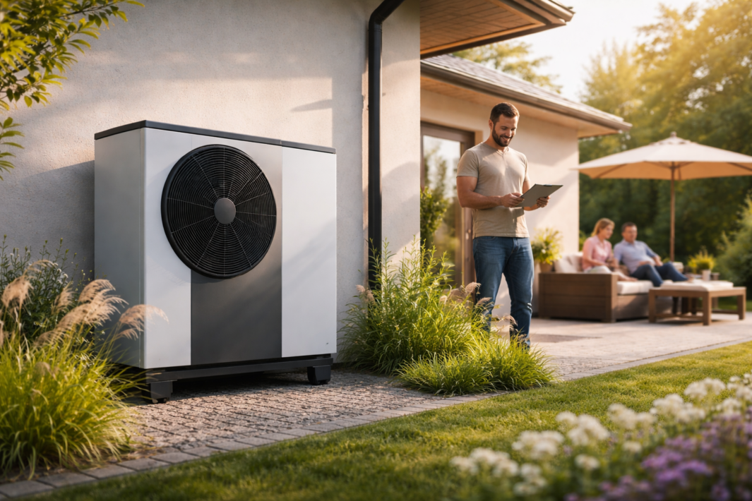 Na pierwszym planie przy ścianie domu stoi duża zewnętrzna jednostka z widocznym, okrągłym wentylatorem; obok na wybrukowanym tarasie stoi mężczyzna trzymający tablet, a w tle na kanapie pod parasolem siedzi para w ogrodzie otoczonym trawami ozdobnymi i rabatami kwiatowymi.