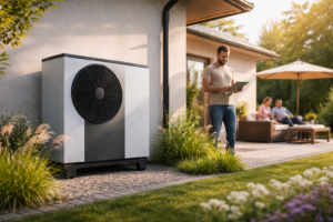 Na pierwszym planie przy ścianie domu stoi duża zewnętrzna jednostka z widocznym, okrągłym wentylatorem; obok na wybrukowanym tarasie stoi mężczyzna trzymający tablet, a w tle na kanapie pod parasolem siedzi para w ogrodzie otoczonym trawami ozdobnymi i rabatami kwiatowymi.