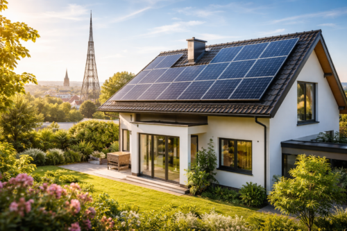 Biały nowoczesny dom z ciemnym dachem pokrytym panelami słonecznymi i kominem, dużymi przeszkleniami oraz tarasem, otoczony zielonym trawnikiem, krzewami i kwitnącymi roślinami, a w tle widoczna wieżowa konstrukcja kratownicowa i wieża kościoła pod jasnym, słonecznym niebem.