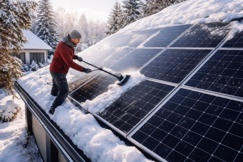 Mężczyzna w czerwonej kurtce, szarej czapce i rękawicach zmiata śnieg długą szczotką z szeregu paneli słonecznych na zaśnieżonym dachu, a w tle widać dom, ośnieżone drzewa i słoneczne światło.