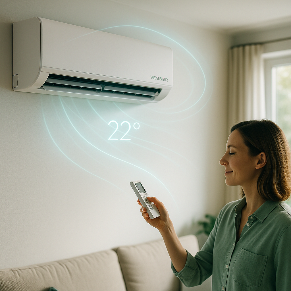 Kobieta stojąca obok sofy trzyma pilot w kierunku zamontowanej na ścianie klimatyzacji z napisem VESSER, nad którą widoczny jest cyfrowy wskaźnik 22° i świetlne linie ilustrujące przepływ powietrza, w tle okno z zasłonami.