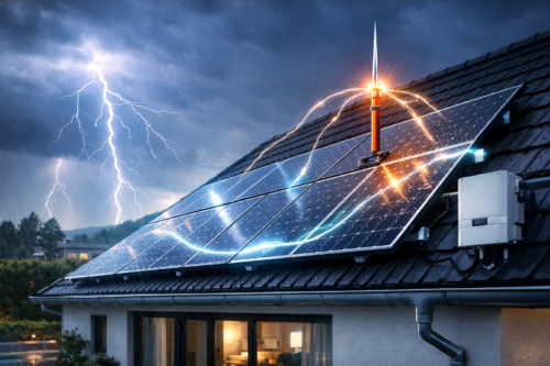 Nachylony dach domu z mokrymi panelami fotowoltaicznymi, na których widoczne są niebieskie i pomarańczowe łuki elektryczne łączące się z zamontowanym metalowym piorunochronem; po prawej obudowa inwertera i przewody, a w tle ciemne burzowe niebo z rozbłyskiem pioruna, drzewa i podświetlone okno mieszkania.