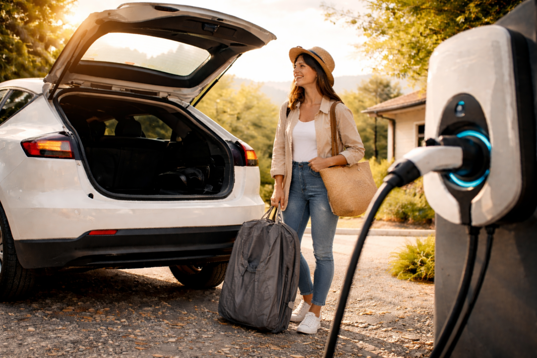 Kobieta w kapeluszu, beżowej koszuli, białym topie i dżinsach stoi obok białego hatchbacka z otwartym bagażnikiem, trzymając duży szary bagaż i plecioną torbę, a po prawej widoczna jest stacja ładowania z podłączonym kablem; w tle drzewa, dom i ciepłe, słoneczne światło.