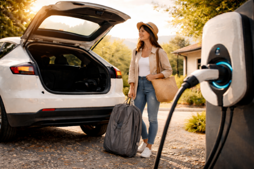 Kobieta w kapeluszu, beżowej koszuli, białym topie i dżinsach stoi obok białego hatchbacka z otwartym bagażnikiem, trzymając duży szary bagaż i plecioną torbę, a po prawej widoczna jest stacja ładowania z podłączonym kablem; w tle drzewa, dom i ciepłe, słoneczne światło.