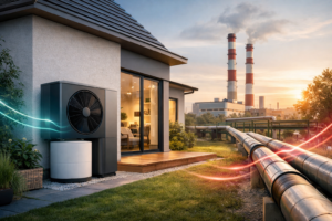 Zewnętrzny widok nowoczesnego domu o szarych ścianach i przeszklonym tarasie z oświetlonym wnętrzem, przy którym stoi zewnętrzna jednostka pompy ciepła z dużym wentylatorem oraz donicami i trawnikiem; w tle po prawej widoczna elektrownia z dwoma czerwono-białymi kominami i biegnącymi wzdłuż terenu metalowymi rurami, nad którymi unoszą się kolorowe świetliste smugi przy zachodzie słońca.