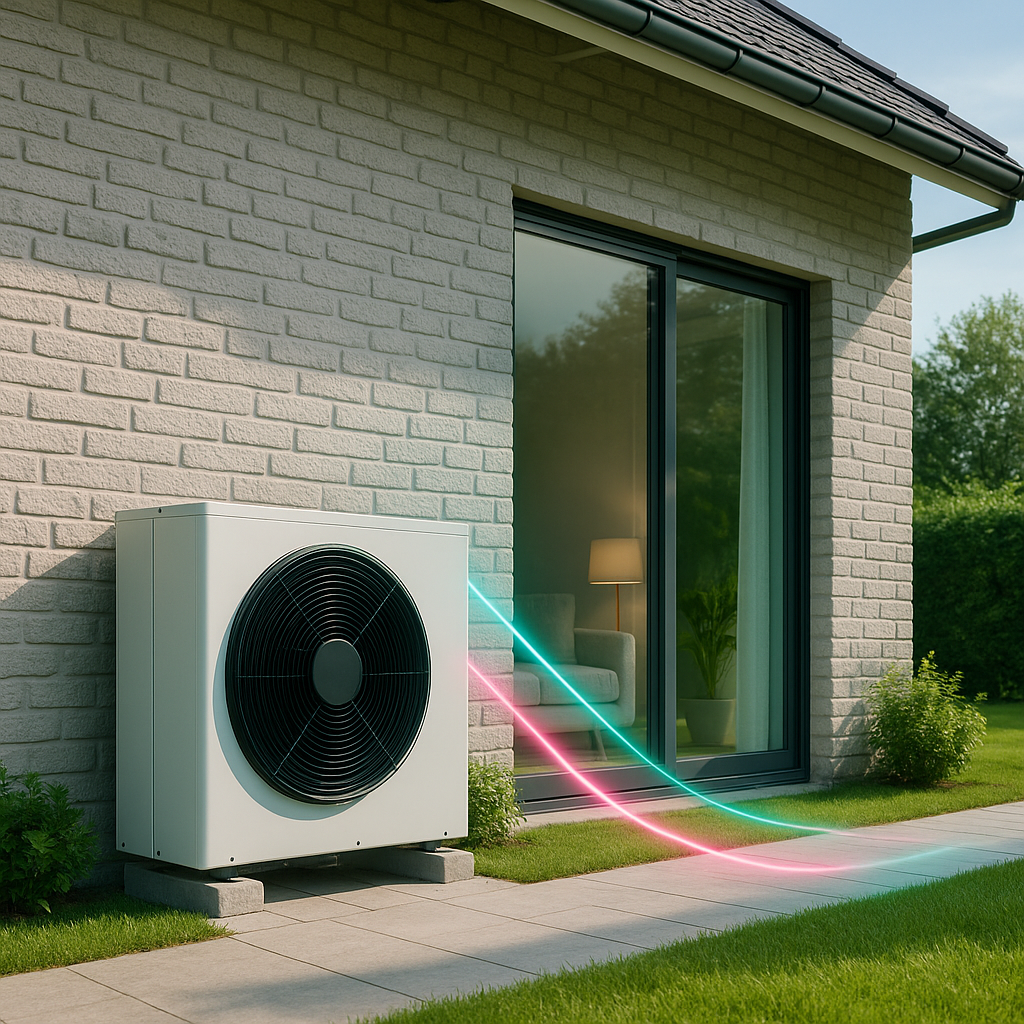 Na pierwszym planie przy jasnoszarej ceglanej ścianie domu stoi biała zewnętrzna jednostka pompy ciepła/klimatyzacji z dużym czarnym wentylatorem, obok przesuwnych szklanych drzwi tarasowych z ciemną ramą, przez które widać fotel, lampę i roślinę doniczkową; z jednostki wychodzą neonowe smugi światła w turkusowym i różowym kolorze biegnące w stronę progu, a całość otacza zielony trawnik i niskie krzewy.