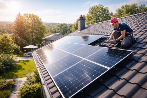 Osoba w różowym kasku i roboczym ubraniu kuca na ciemnym, dachówkowym dachu obok dużych paneli słonecznych, trzymając narzędzie i kable, a w tle widać komin, sąsiedni dom, taras z parasolem, trawnik i drzewa.