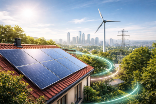 Dach domu z czerwonymi dachówkami i kominem pokryty kilkoma panelami słonecznymi na pierwszym planie, w tle jasne słońce nad zielonymi drzewami, duża turbina wiatrowa, słup wysokiego napięcia i panorama wieżowców na horyzoncie oraz widoczne świetliste smugi unoszące się nad koronami drzew.