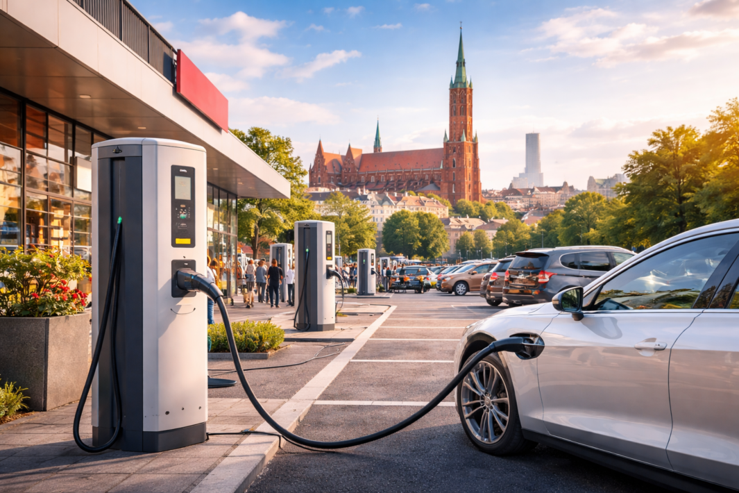 Stacja ładowania samochodów elektrycznych przy pawilonie handlowym — w pierwszym planie biały samochód podłączony do słupa ładowania, obok szereg podobnych stacji i zaparkowanych aut, przechodnie przy szklanych witrynach oraz w tle duży ceglany kościół z wysoką wieżą na tle jasnego, słonecznego nieba.