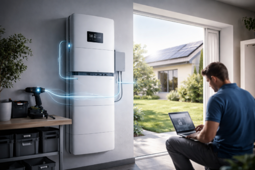 Wnętrze z dużym białym modułem zamontowanym na ścianie z czarnym ekranem, od którego rozchodzą się świetliste niebieskie linie łączące go z szarą skrzynką przy ścianie i z wiertarką stojącą na drewnianym blacie, po prawej siedzi mężczyzna przy otwartych przesuwnych drzwiach z laptopem, a przez drzwi widać ogród i dom z panelami słonecznymi na dachu; po lewej półka z narzędziami i plastikowymi pojemnikami.