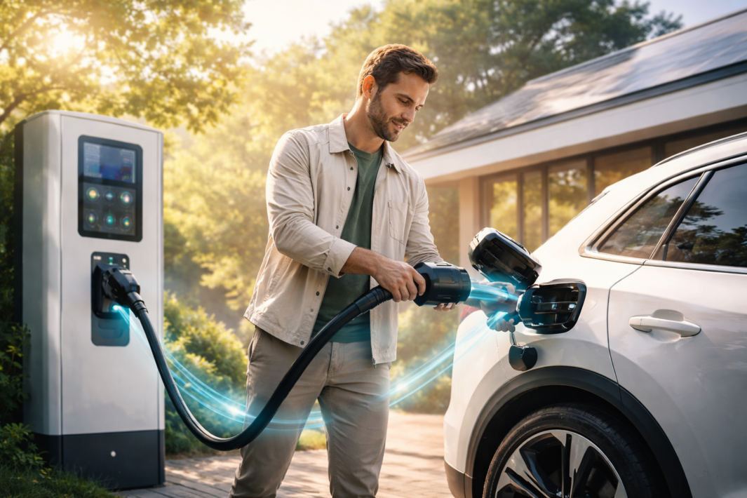 Mężczyzna w beżowej koszuli i zielonej koszulce podłączający duże czarne złącze do portu ładowania białego samochodu elektrycznego przy stacji ładowania po lewej, z widocznym świetlistym niebieskim efektem przepływu energii, budynkiem z panelami słonecznymi i drzewami w tle oraz ciepłym, rozproszonym światłem słonecznym.