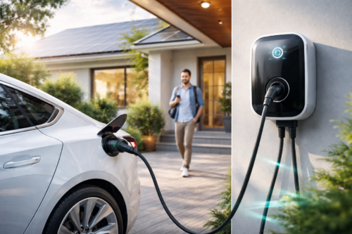 Stacja ładowania samochodu elektrycznego zamontowana na zewnętrznej ścianie z podłączonym kablem do białego auta zaparkowanego na podjeździe przed nowoczesnym domem z panelami słonecznymi na dachu; w tle na tarasie idzie mężczyzna z telefonem i plecakiem, otoczenie z roślinami i schodami do wejścia.