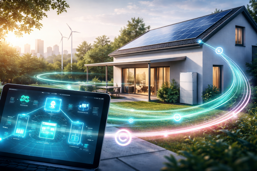 Na pierwszym planie po lewej widać laptop z niebieskim interfejsem i schematami, z którego wychodzą świetliste turkusowo-różowe wiązki łączące się z nowoczesnym domem po prawej; dom ma panele fotowoltaiczne na dachu, duże przeszklone drzwi tarasowe, zewnętrzną jednostkę magazynowania energii przy ścianie, otoczony trawnikiem i krzewami, a w tle widoczne są wiatraki i panorama miasta przy zachodzie słońca.