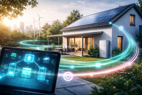 Na pierwszym planie po lewej widać laptop z niebieskim interfejsem i schematami, z którego wychodzą świetliste turkusowo-różowe wiązki łączące się z nowoczesnym domem po prawej; dom ma panele fotowoltaiczne na dachu, duże przeszklone drzwi tarasowe, zewnętrzną jednostkę magazynowania energii przy ścianie, otoczony trawnikiem i krzewami, a w tle widoczne są wiatraki i panorama miasta przy zachodzie słońca.