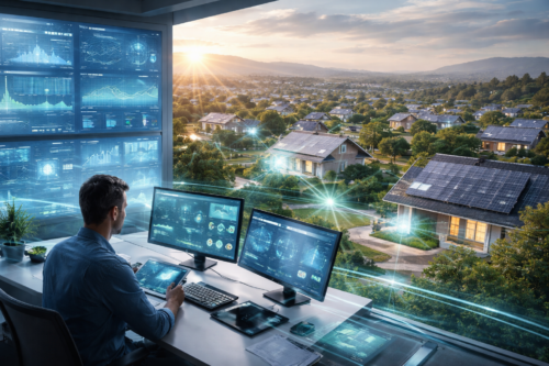 Osoba siedząca przy biurku z kilkoma monitorami, tabletem, klawiaturą i dokumentami; na ekranach widać niebieskie wykresy i schematy, na lewej ścianie zamontowane duże panele ekranowe, a przez panoramiczne okno oświetlone zachodzącym słońcem rozciąga się widok osiedla domów z panelami słonecznymi i świetlistymi liniami łączącymi budynki.