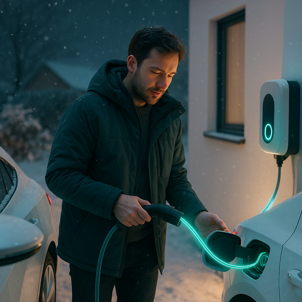 Mężczyzna w ciemnej zimowej kurtce podłączający świecący na niebiesko kabel do portu ładowania białego samochodu elektrycznego, obok ściany domu z zamocowaną ładowarką z podświetlanym pierścieniem, w padającym śniegu o zmierzchu.