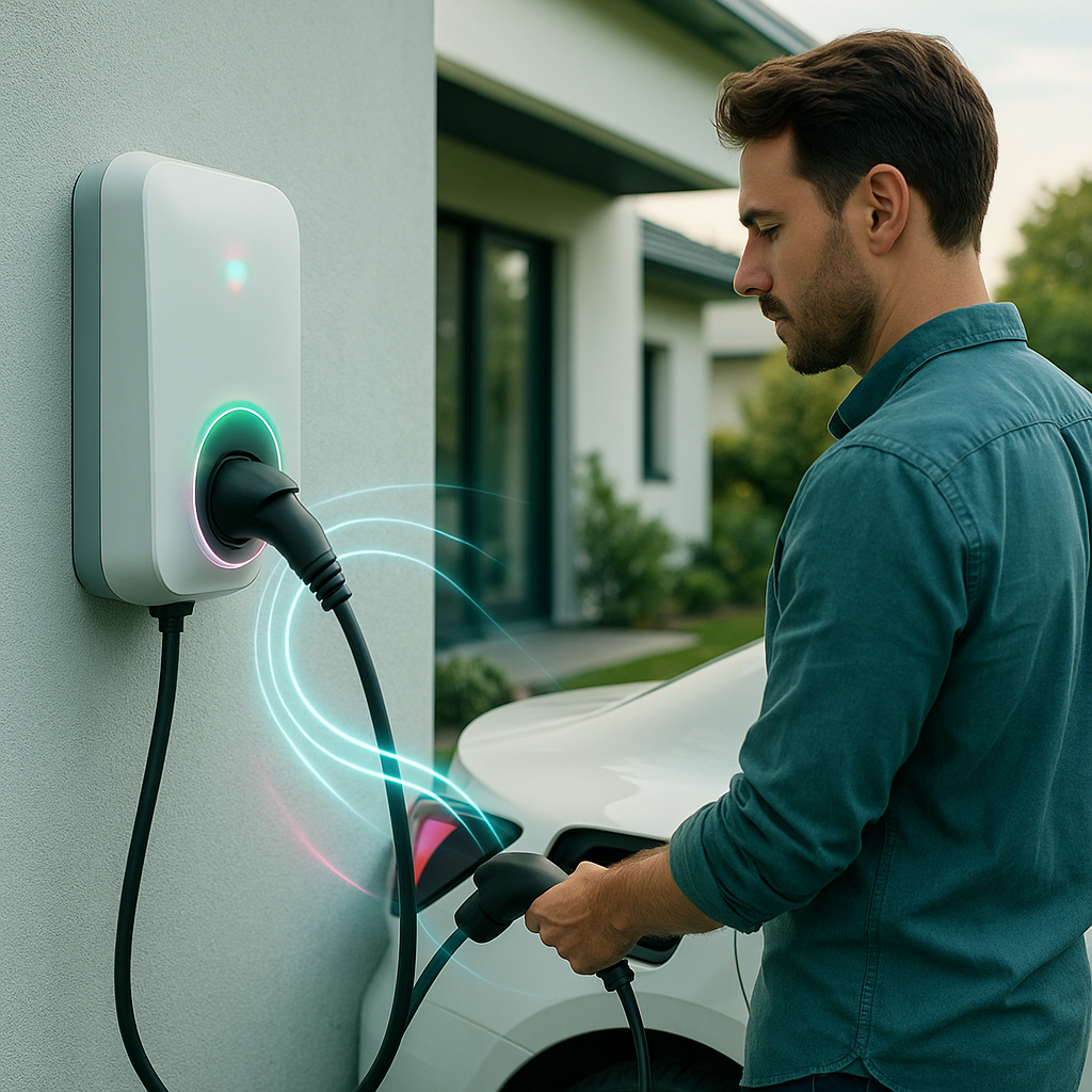 Mężczyzna stojący obok białego samochodu elektrycznego przy nowoczesnym domu, podłączający kabel do gniazda ładowania, obok na ścianie widoczna prostokątna stacja ładowania z zielono‑różowym pierścieniem świetlnym i czarnym kablem.