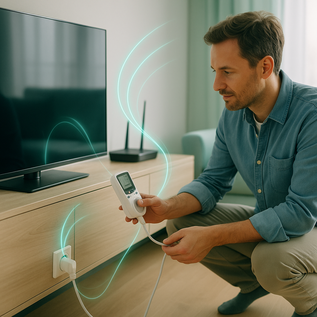Mężczyzna w niebieskiej koszuli kuca przy niskiej szafce pod telewizorem, trzyma białe urządzenie z wyświetlaczem podłączone kablem do gniazdka; na szafce widać telewizor i router, a wokół urządzenia i gniazdka znajdują się zielonkawe świetliste linie graficzne.