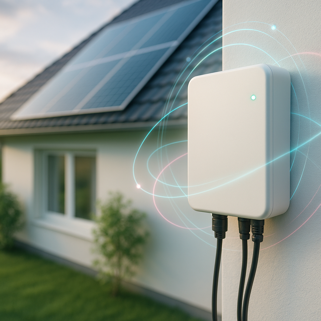 Biała prostokątna skrzynka elektryczna zamontowana na zewnętrznej ścianie domu z trzema czarnymi kablami wychodzącymi od dołu i małą zieloną diodą, wokół niej widoczne świetliste spiralne linie; w tle rozmyty dom z panelami słonecznymi na dachu, oknem, trawnikiem i krzewami.