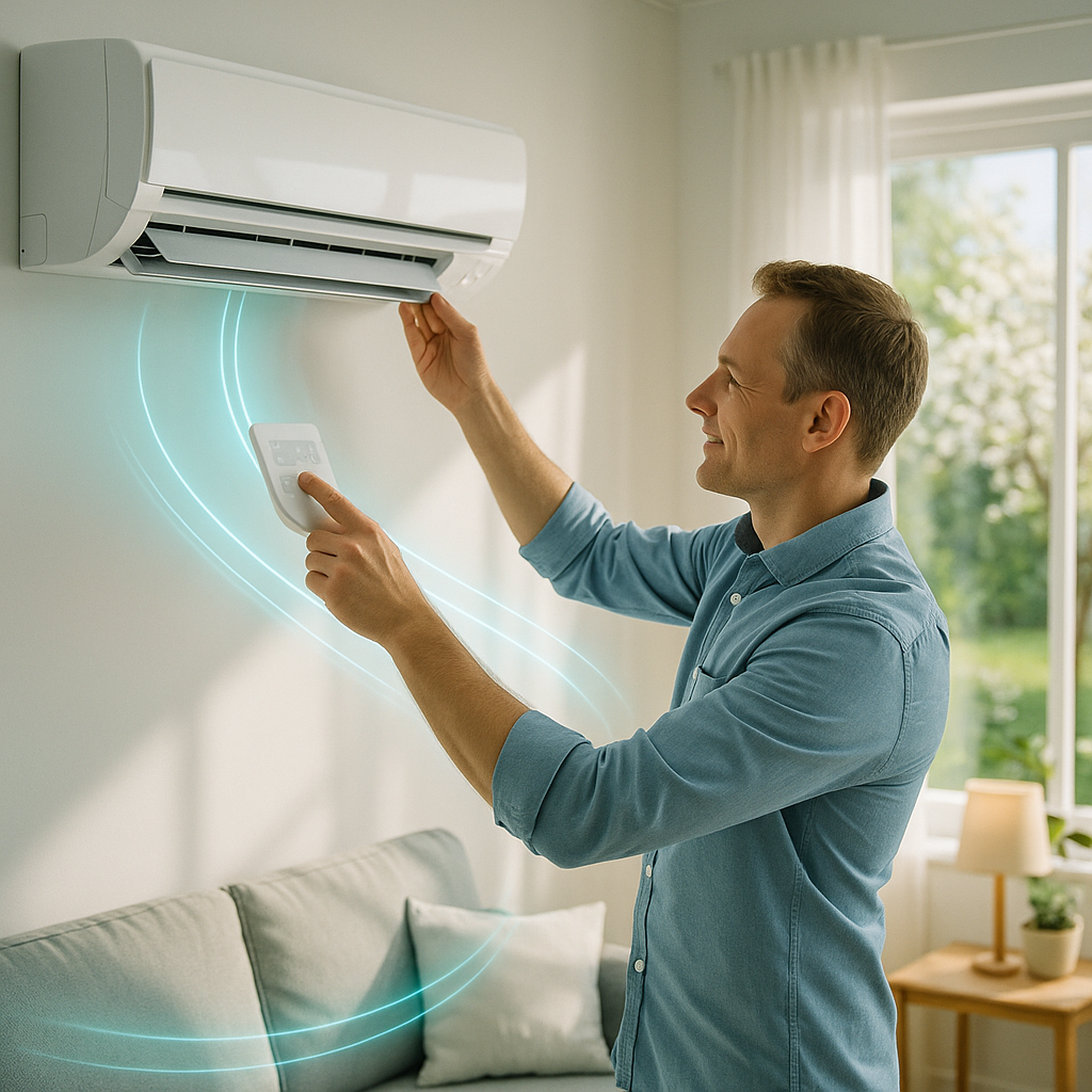 Mężczyzna stoi w jasnym salonie przy ściennej klimatyzacji i trzyma pilot, regulując urządzenie nad sofą, wokół widoczne niebieskie linie symbolizujące przepływ powietrza, w tle zasłony, okno oraz stolik z lampką i poduszką na kanapie.