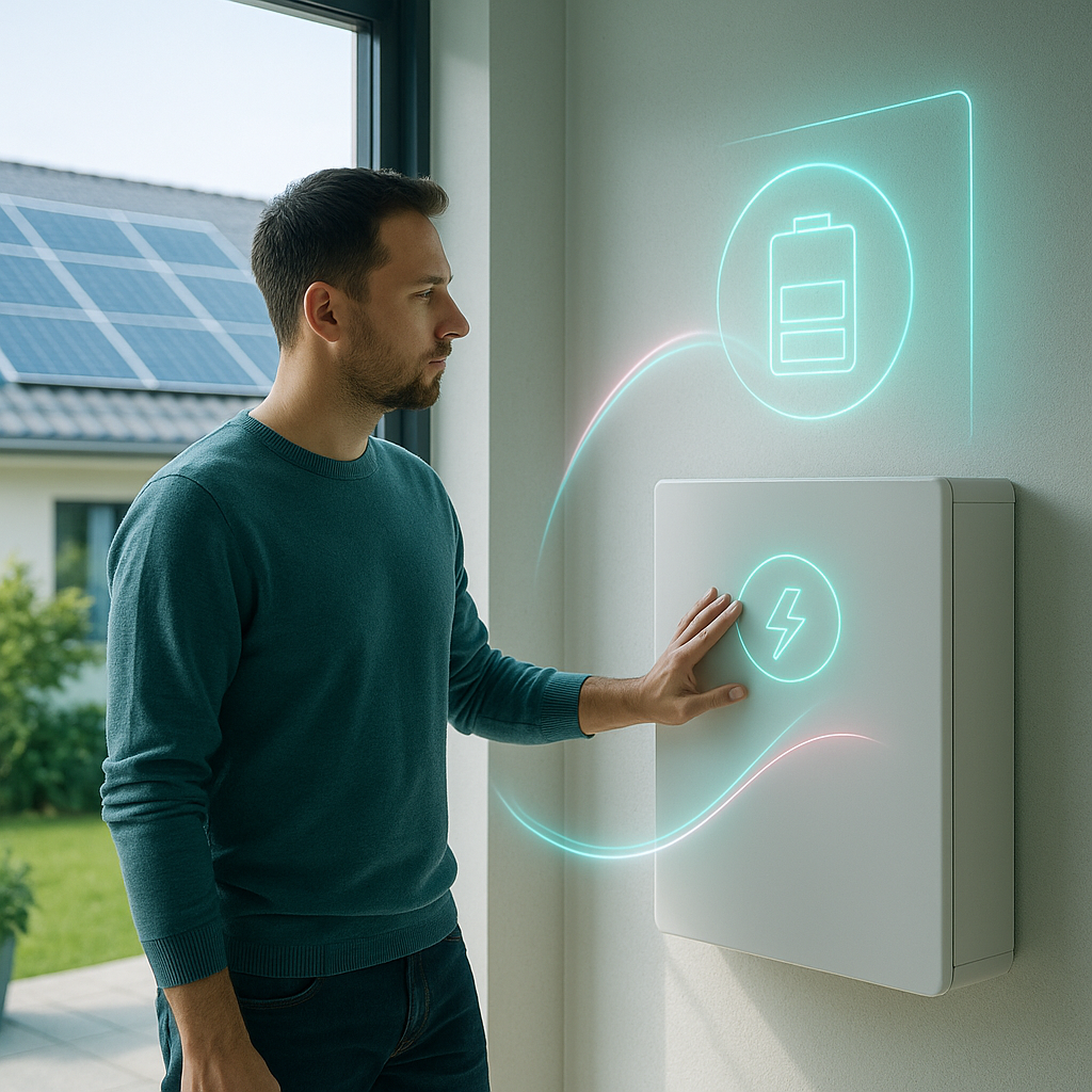 Mężczyzna w turkusowym swetrze stoi bokiem przy oknie i dotyka białej, ściennej skrzynki energetycznej z neonową ikoną błyskawicy, nad którą unoszą się świetliste linie i ikona baterii, a przez okno widać dach z panelami słonecznymi i fragment ogródka.