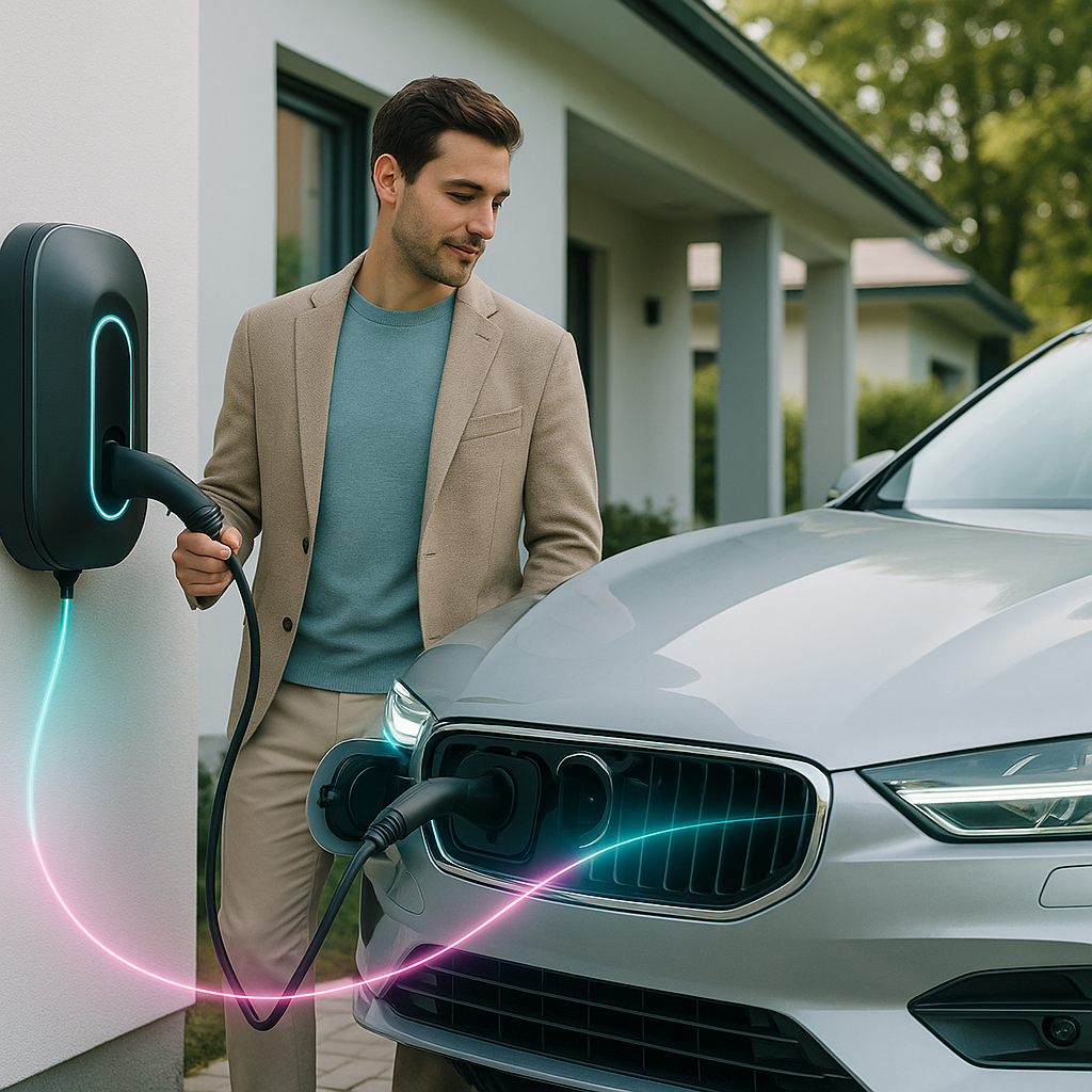 Mężczyzna w beżowej marynarce i turkusowym swetrze podłącza kabel do przedniego gniazda ładowania srebrnego samochodu elektrycznego przy ściennej stacji ładowania na tle nowoczesnego domu z kolumnami i zielenią, a kabel i obudowa ładowarki mają neonową turkusowo‑różową poświatę.