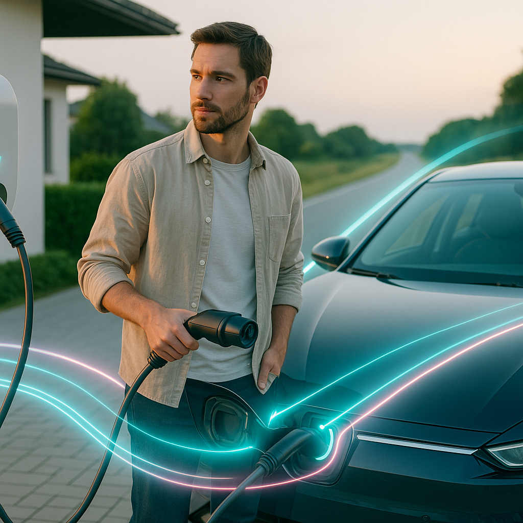 Mężczyzna w beżowej koszuli i jasnym T‑shircie stoi przy zaparkowanym ciemnym samochodzie elektrycznym na podjeździe przed domem, trzymając w ręku końcówkę kabla ładowarki podłączoną do gniazda pojazdu, a w kadrze widoczne są świetliste niebiesko‑różowe smugi oraz droga i drzewa w tle o zmierzchu.