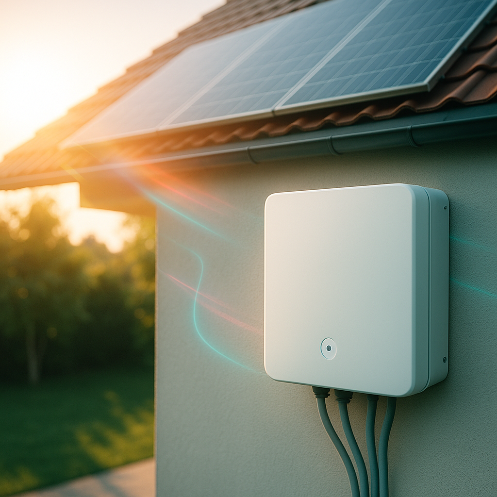 Biała kwadratowa obudowa urządzenia elektrycznego z małym okrągłym wskaźnikiem i kilkoma wychodzącymi kablami zamontowana na zewnętrznej ścianie domu, nad nią dachówka i rynna z zamocowanymi panelami fotowoltaicznymi, w tle rozmyte drzewa i słoneczne refleksy.