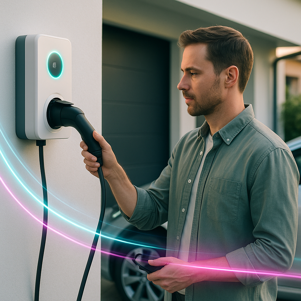 Mężczyzna w zielonkawej koszuli podłącza wtyczkę do białej ściennej stacji ładowania samochodu elektrycznego z świecącym okrągłym wskaźnikiem, obok widoczny kabel, częściowy widok garażu i zaparkowanego samochodu oraz niebiesko-różowe smugi świetlne przebiegające po obrazie.