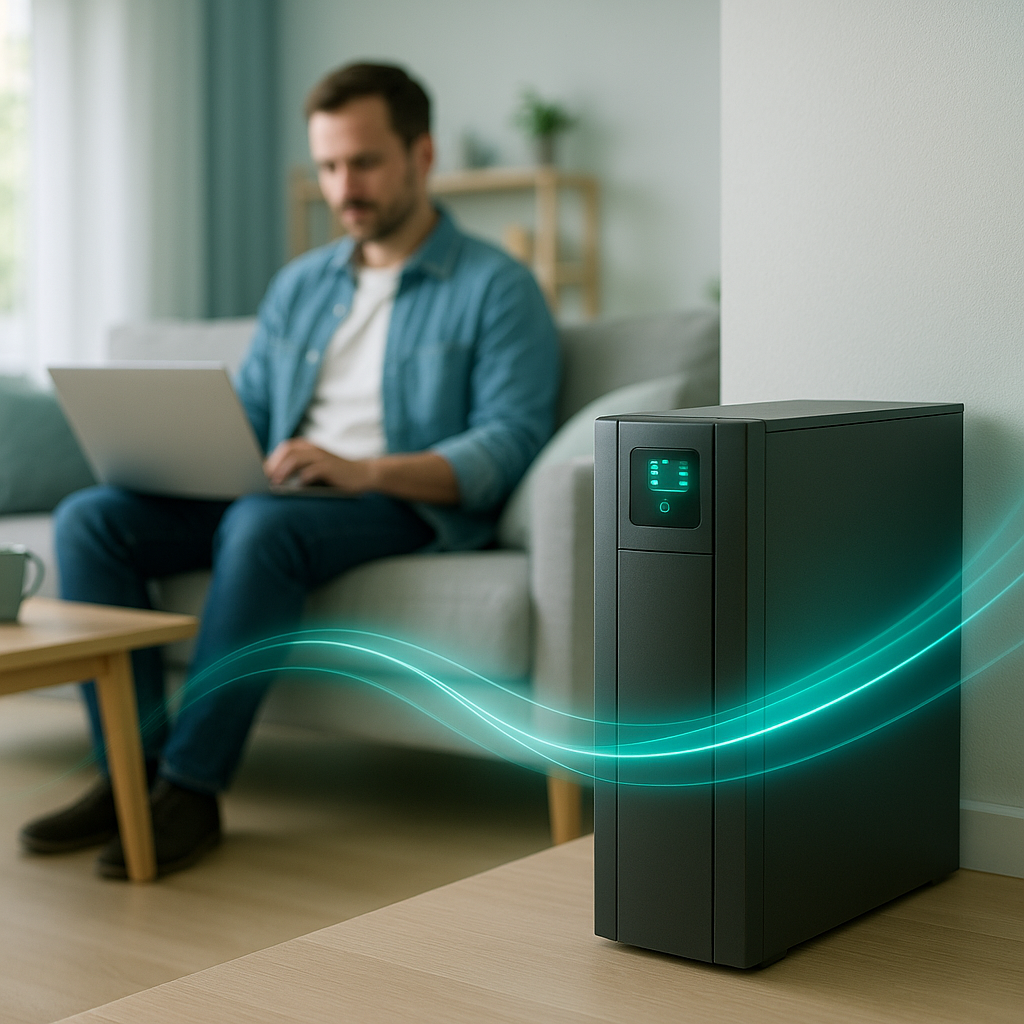 Czarne pionowe urządzenie elektroniczne z podświetlanym cyfrowym wyświetlaczem stojące przy ścianie na pierwszym planie, z turkusowymi falistymi liniami ilustrującymi przepływ powietrza, w tle rozmyta sylwetka mężczyzny siedzącego na kanapie z laptopem.