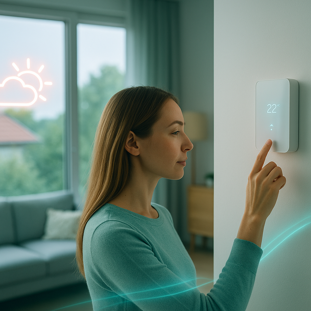 Kobieta w zielonym swetrze stoi bokiem w salonie i dotyka ściennego termostatu z wyświetlaczem pokazującym 22°C, w tle widoczna sofa z poduszką, okno z widokiem na drzewa i dach oraz neonowa ikona słońca z chmurą i subtelne turkusowe linie świetlne.