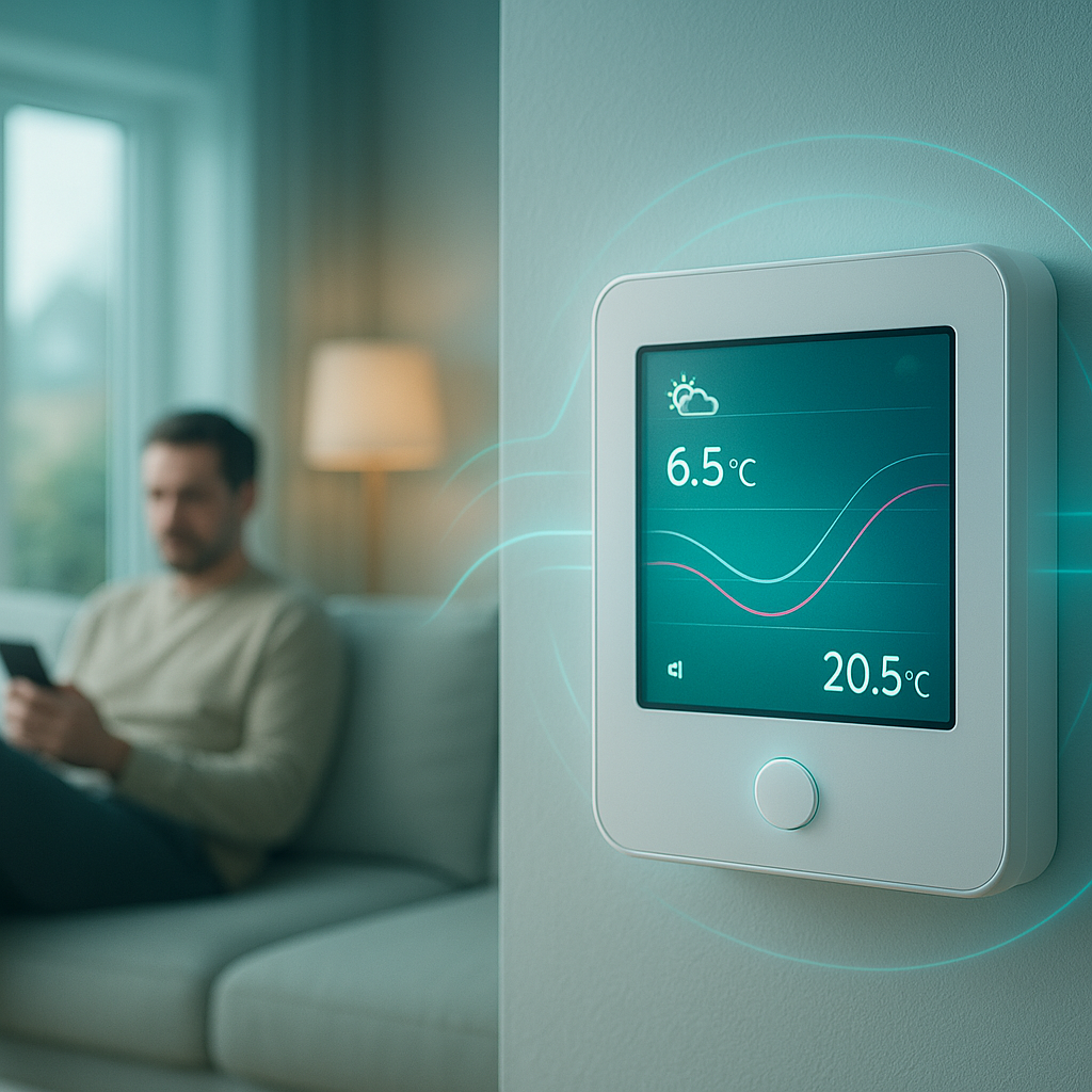 Biały elektroniczny termostat zamontowany na ścianie z kolorowym wyświetlaczem pokazującym 6,5°C i 20,5°C, krzywe wykresu oraz ikonę chmury; w rozmytym tle widoczny salon z mężczyzną siedzącym na kanapie z urządzeniem mobilnym, stojącą lampą i oknem.