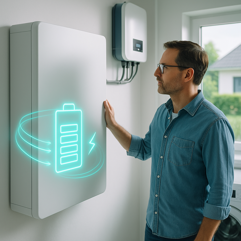 Mężczyzna w okularach i jeansowej koszuli stoi wewnątrz domu z dłonią opartą o ścienny biały magazyn energii z neonowo‑turkusową ikoną baterii, nad którym zamontowany jest falownik z widocznymi przewodami, obok okno z widokiem na dom i zieleń.