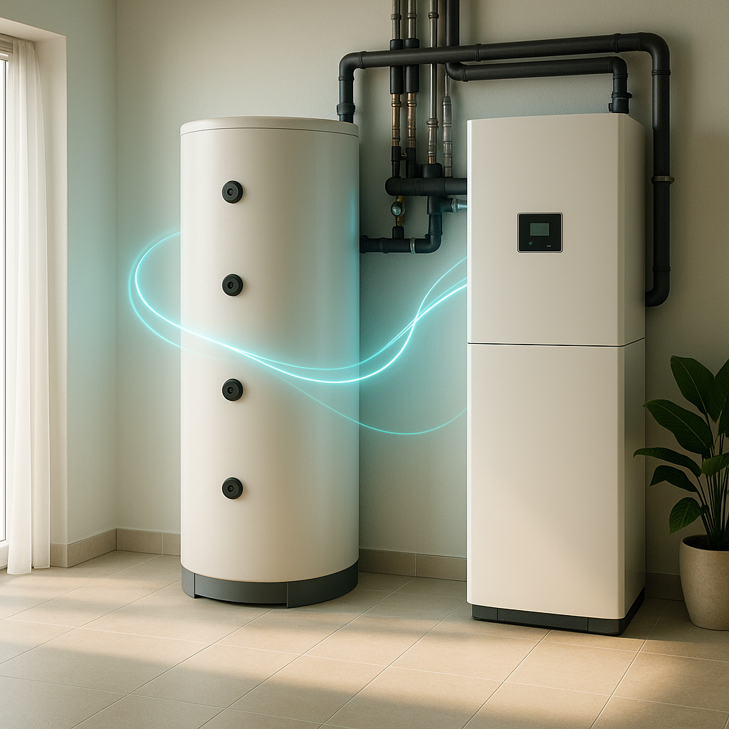 Pomieszczenie techniczne z dużym jasnym cylindrycznym zbiornikiem po lewej z czterema okrągłymi czarnymi elementami, prostokątną białą jednostką z małym ekranem po prawej połączonymi czarnymi rurami na ścianie, dekoracyjną świecącą niebieską smugą wijącą się między nimi, jasną płytkową podłogą, oknem z przezroczystą zasłoną po lewej i doniczką z zieloną rośliną po prawej.