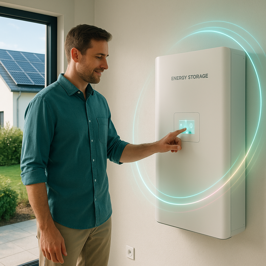 Mężczyzna stojący w domu i dotykający podświetlanego ekranu na białym urządzeniu z napisem "ENERGY STORAGE", obok okno z widocznymi na dachu panelami słonecznymi i fragmentem ogrodu, z delikatnymi świetlnymi kręgami wokół urządzenia.