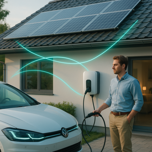 Mężczyzna w niebieskiej koszuli i beżowych spodniach stoi obok białego samochodu Volkswagen trzymając kabel ładowania przy ściennej stacji ładowania zamontowanej na elewacji domu z panelami słonecznymi na dachu, z widocznymi świetlistymi turkusowymi liniami symbolizującymi przepływ energii.