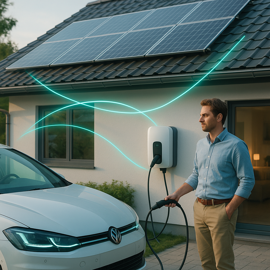 Mężczyzna w niebieskiej koszuli i beżowych spodniach stoi obok białego samochodu Volkswagen trzymając kabel ładowania przy ściennej stacji ładowania zamontowanej na elewacji domu z panelami słonecznymi na dachu, z widocznymi świetlistymi turkusowymi liniami symbolizującymi przepływ energii.