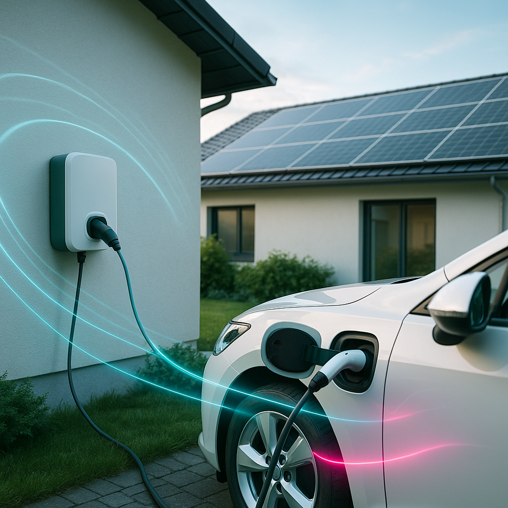 Biały samochód elektryczny po prawej podłączony kablem do ściennej stacji ładowania po lewej przy domu z panelami słonecznymi na dachu, na pierwszym planie fragment podjazdu i trawnika oraz widoczne kolorowe świetliste smugi wokół kabli.